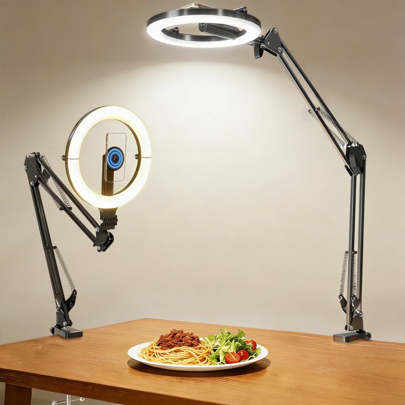 Photography Video Lighting Kit With Adjustable Tripod Stand - Magnetic Overhead Phone Mount with 10”